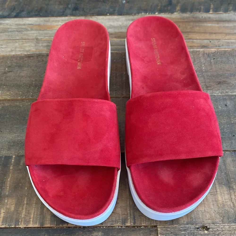 Stuart Weitzman Red Suede Slide Sandals with White Platform